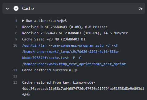 Shows the "Cache" workflow step downloading the cache we saved from the last workflow run.