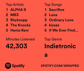 Spotify Top Artists (Alpha 9, M83, Royksopp, The Knocks, Hania Rani). Top Songs (Sacrifice, Luna, Ordinary Love, kisses, If We Ever Find The Right Place)